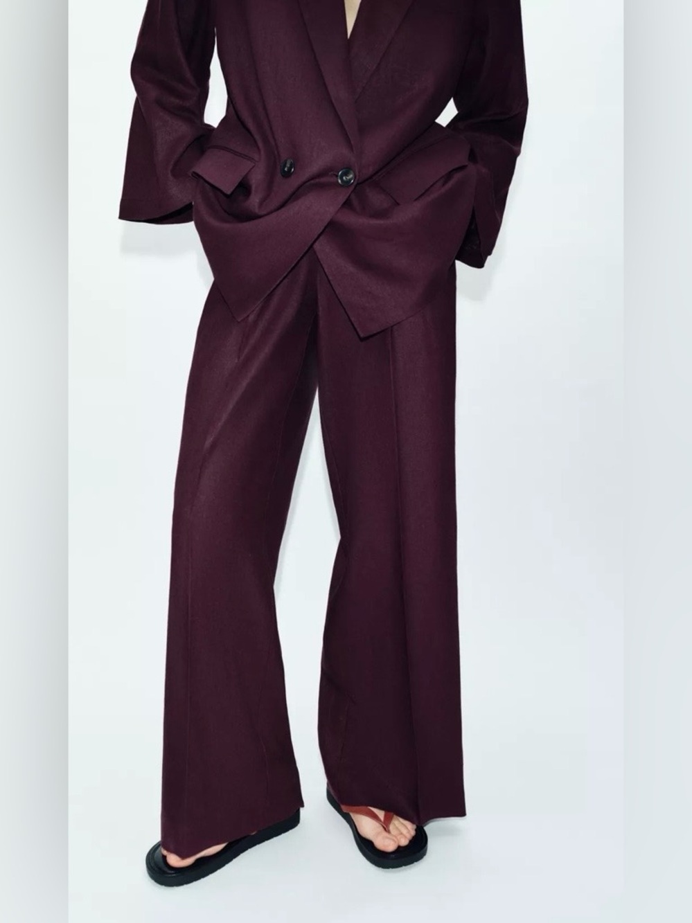Zara NWT Linen Straight Leg Pants Burgundy Wide Leg Relaxed Tailored Trousers